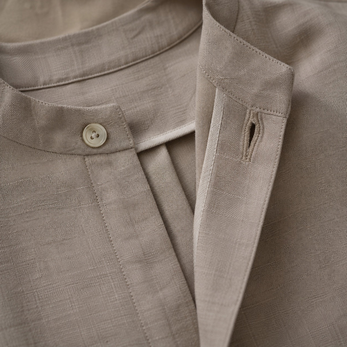 detail shot of the fabric — Downe collarless shirt dress, Shirt Dresses by ORASCI.