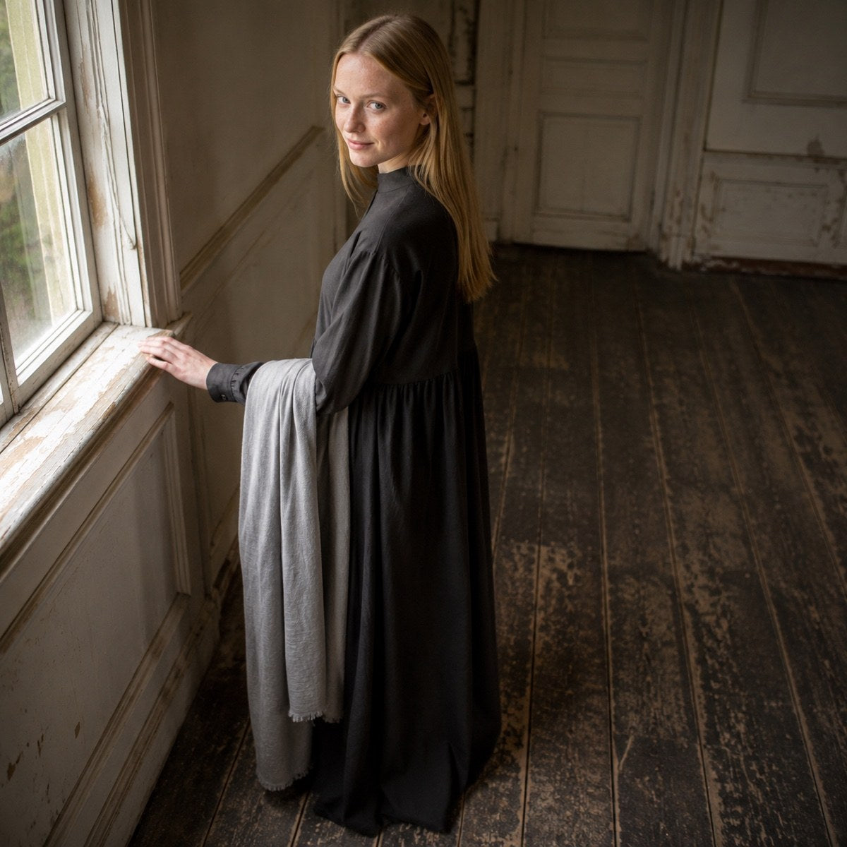shown worn, from the side — Downe collarless shirt dress, Shirt Dresses by ORASCI.