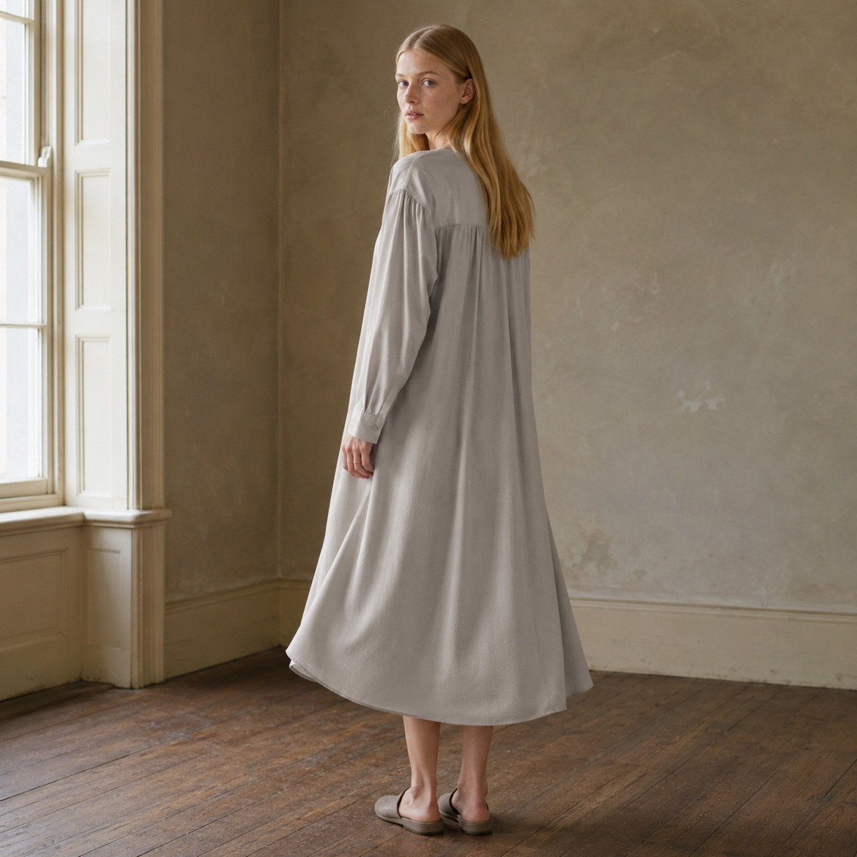 shown on the model — Orpington collarless shirt dress, Shirt Dresses by ORASCI.