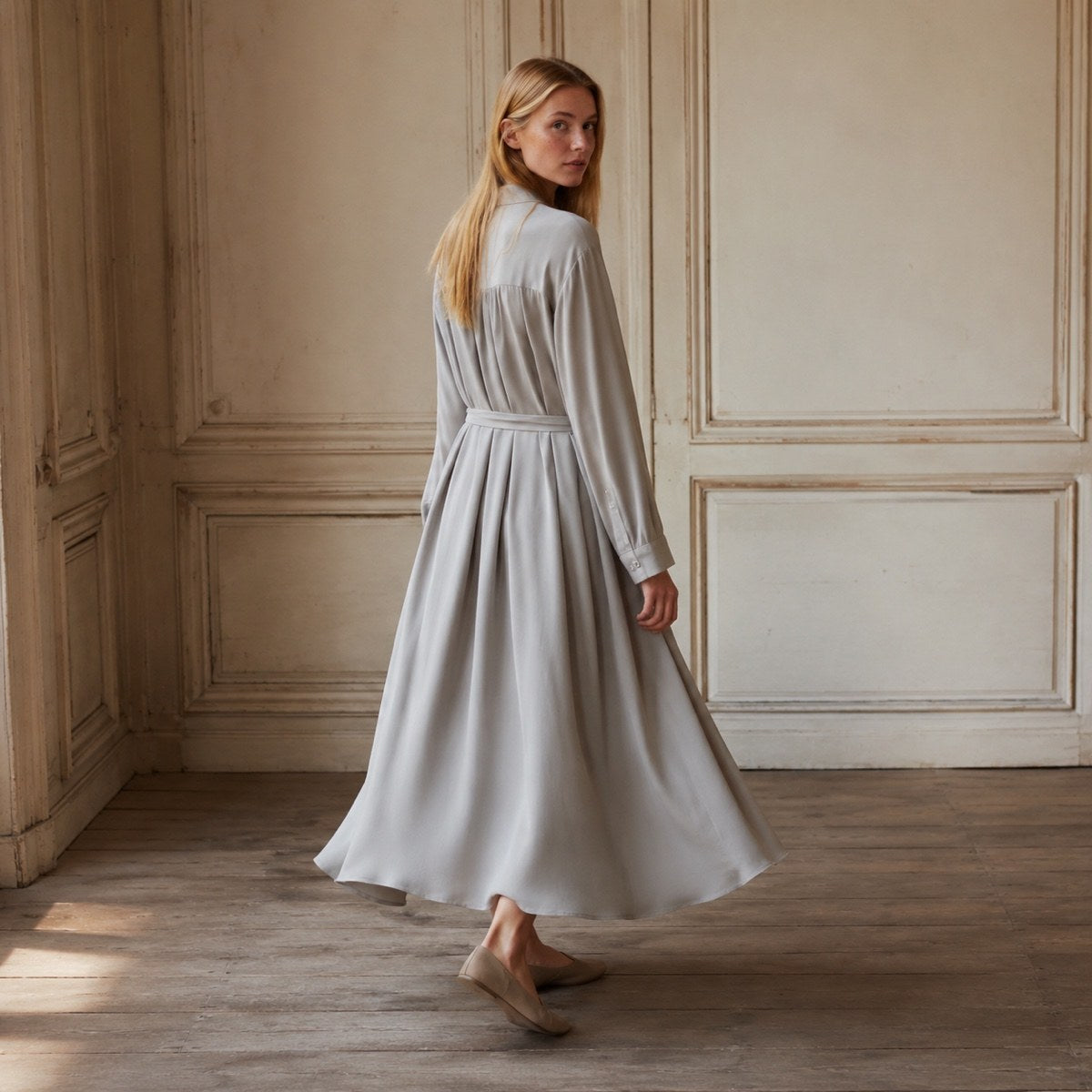shown worn, from the side — Orpington collarless shirt dress, Shirt Dresses by ORASCI.