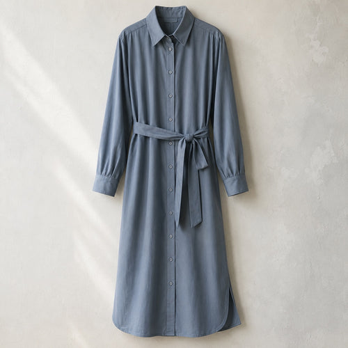 laid flat and shot from above — Keston belted shirt dress, Shirt Dresses by ORASCI.