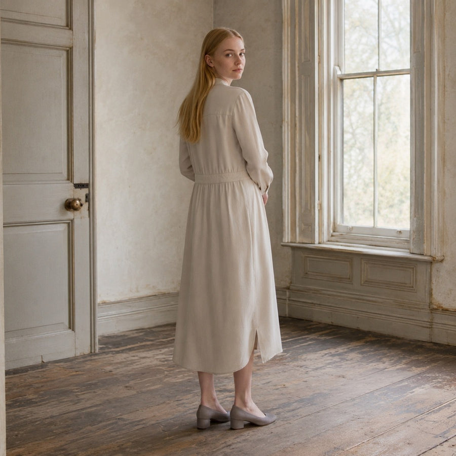 shown on the model — Ravensbourne collarless shirt dress, Shirt Dresses by ORASCI.