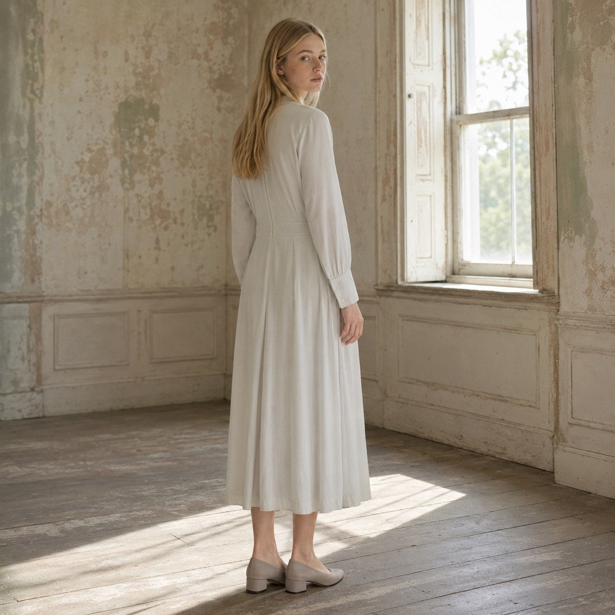shown worn, from the side — Ravensbourne collarless shirt dress, Shirt Dresses by ORASCI.