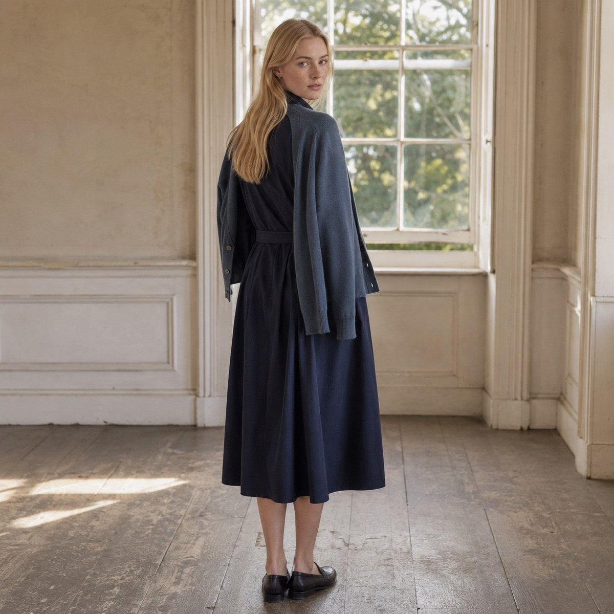 shown worn, from the side — Elmstead belted shirt dress, Shirt Dresses by ORASCI.