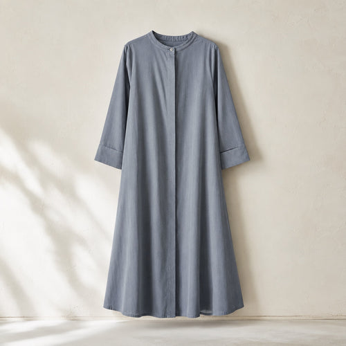 laid flat and shot from above — Pearl Wharf collarless shirt dress, Shirt Dresses by ORASCI.