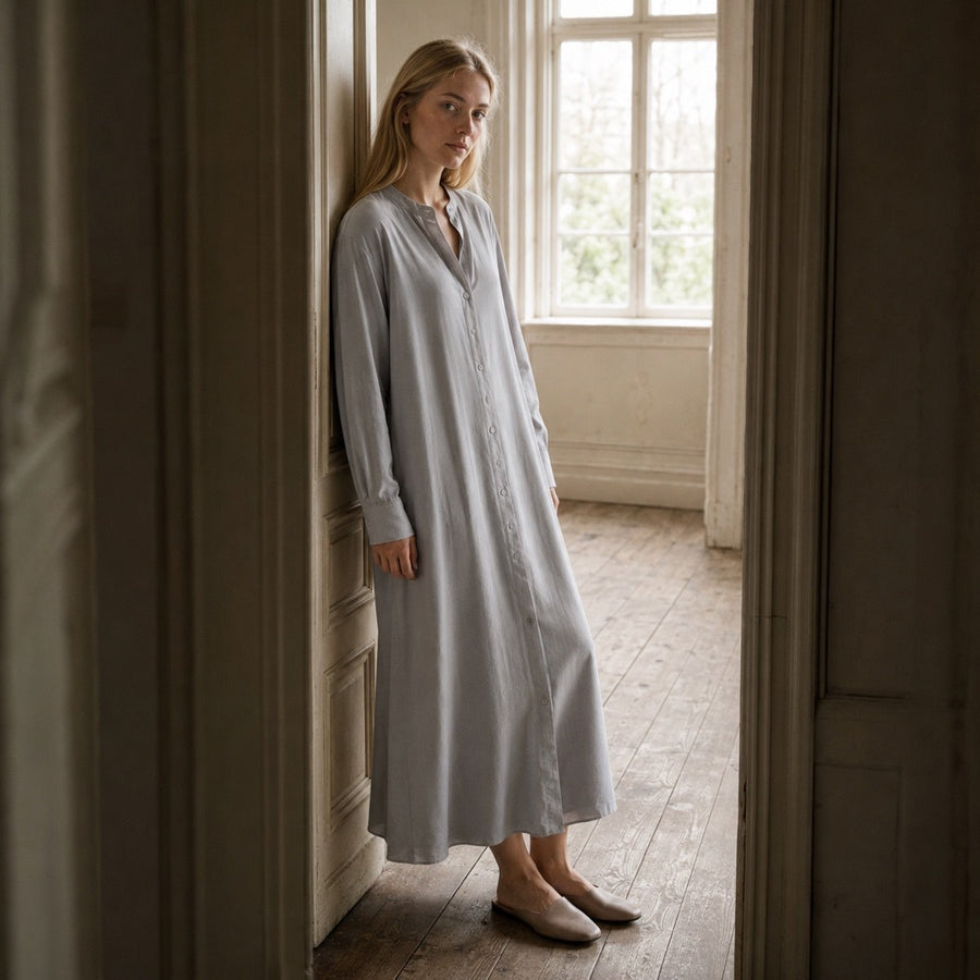shown on the model — Pearl Wharf collarless shirt dress, Shirt Dresses by ORASCI.