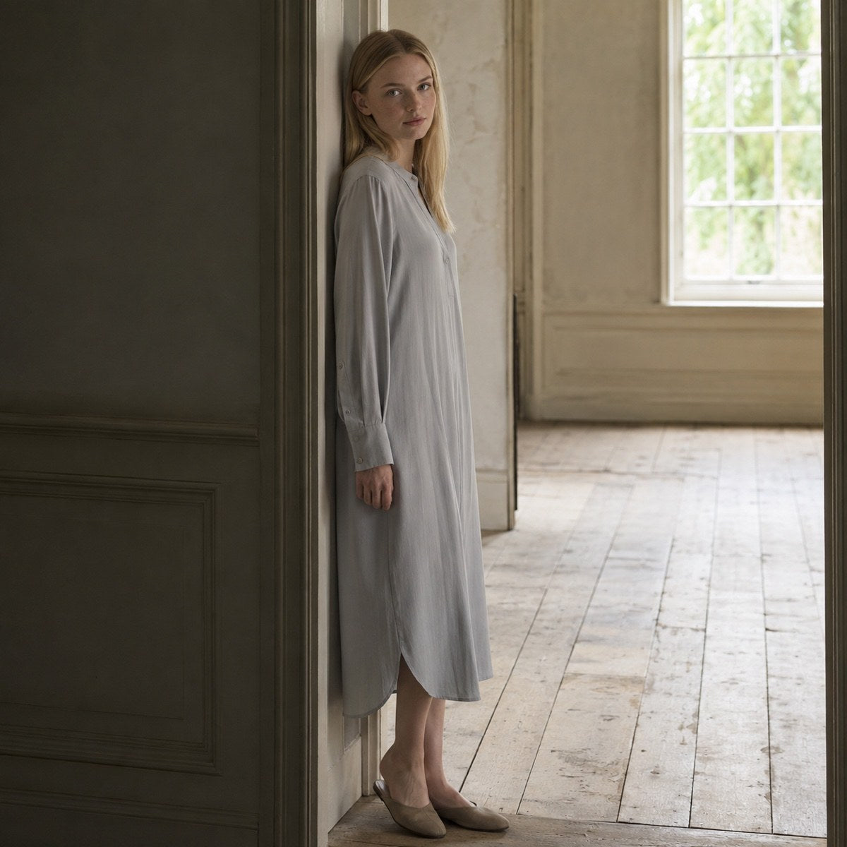 shown worn, from the side — Pearl Wharf collarless shirt dress, Shirt Dresses by ORASCI.