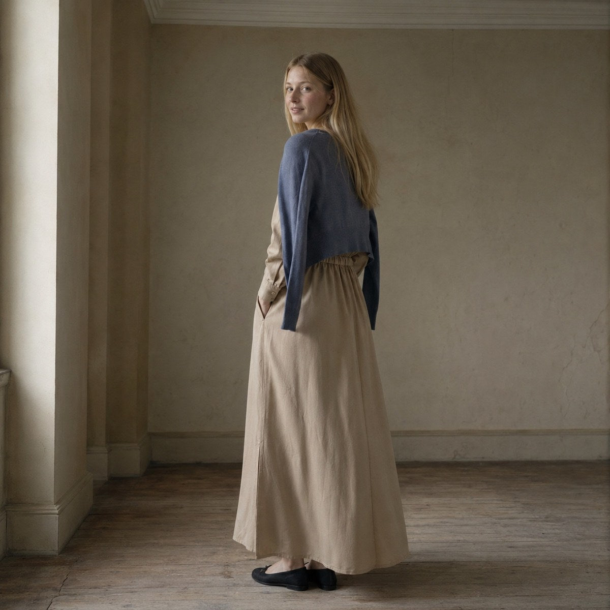 shown on the model — Sorrel Field collarless shirt dress, Shirt Dresses by ORASCI.