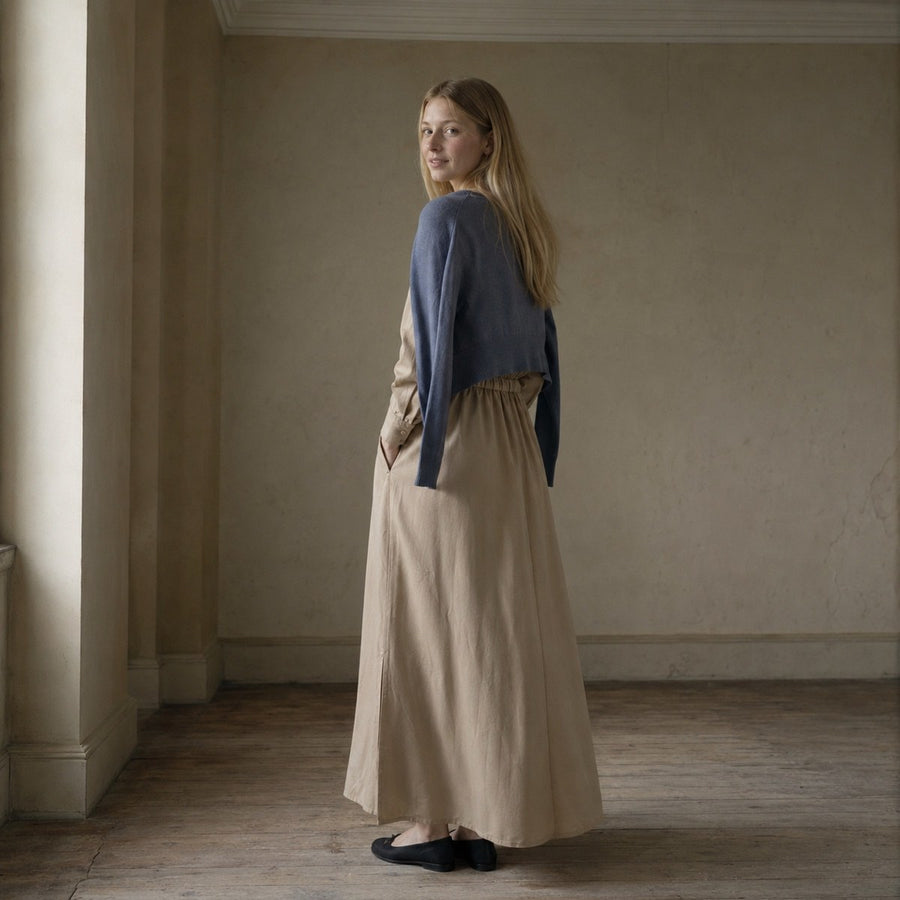 shown on the model — Sorrel Field collarless shirt dress, Shirt Dresses by ORASCI.
