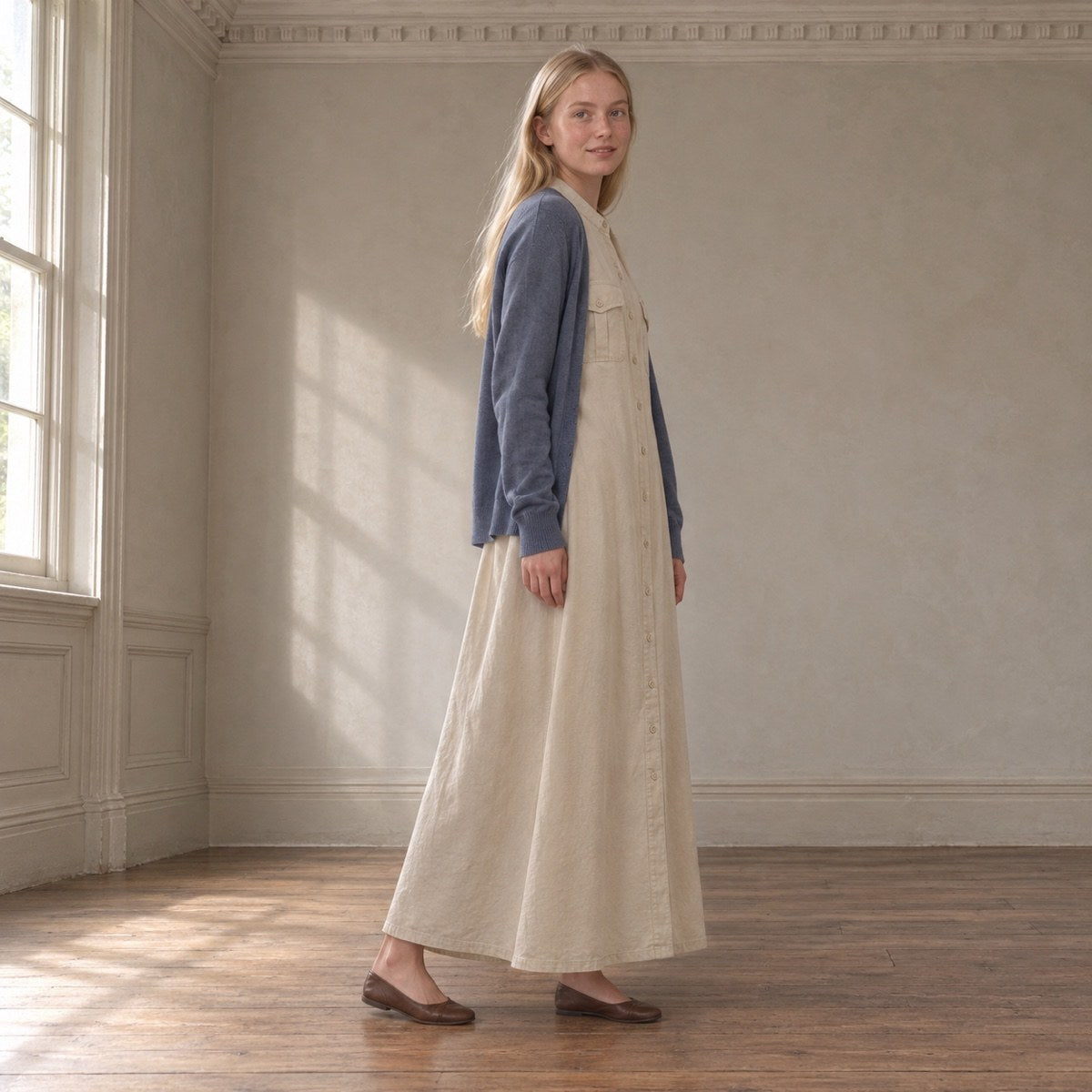 shown worn, from the side — Sorrel Field collarless shirt dress, Shirt Dresses by ORASCI.