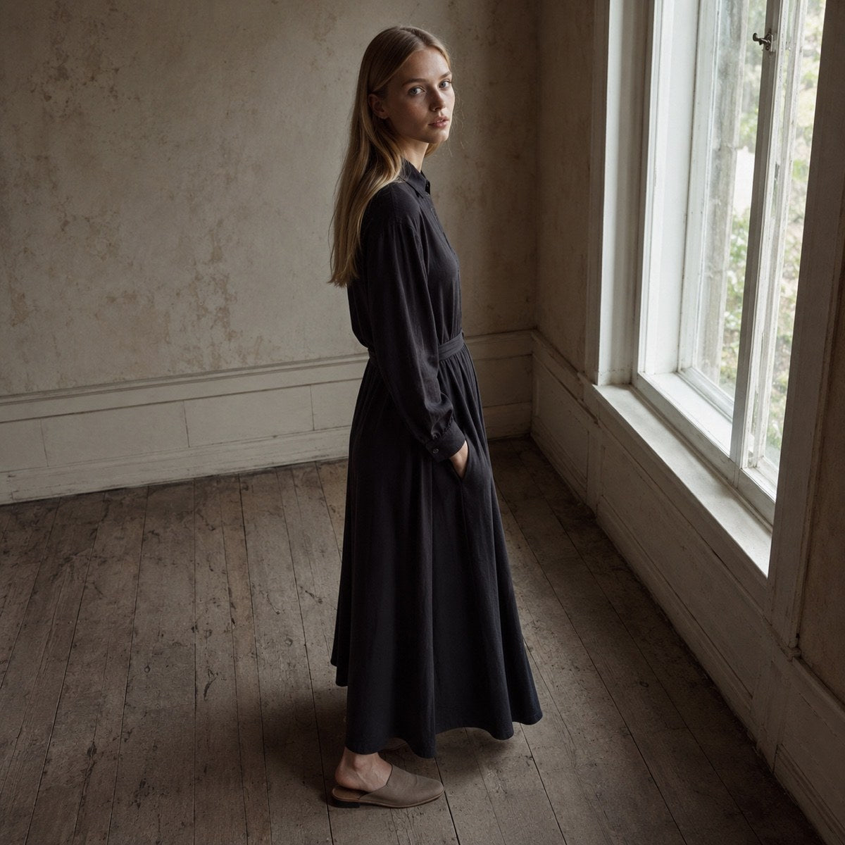 shown worn, from the side — Chislehurst belted shirt dress, Shirt Dresses by ORASCI.