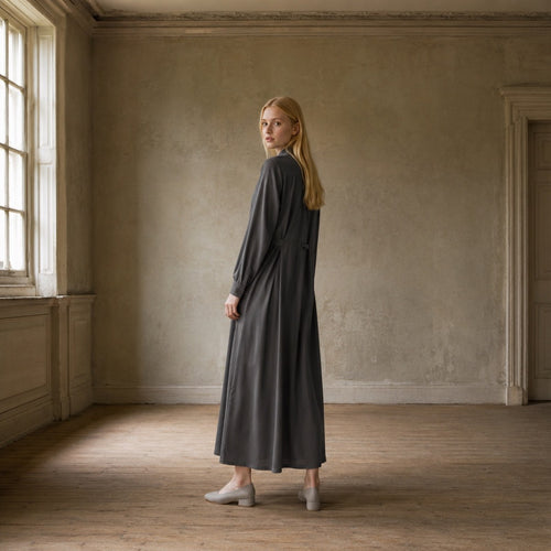 shown on the model — Hazel Court collarless shirt dress, Shirt Dresses by ORASCI.