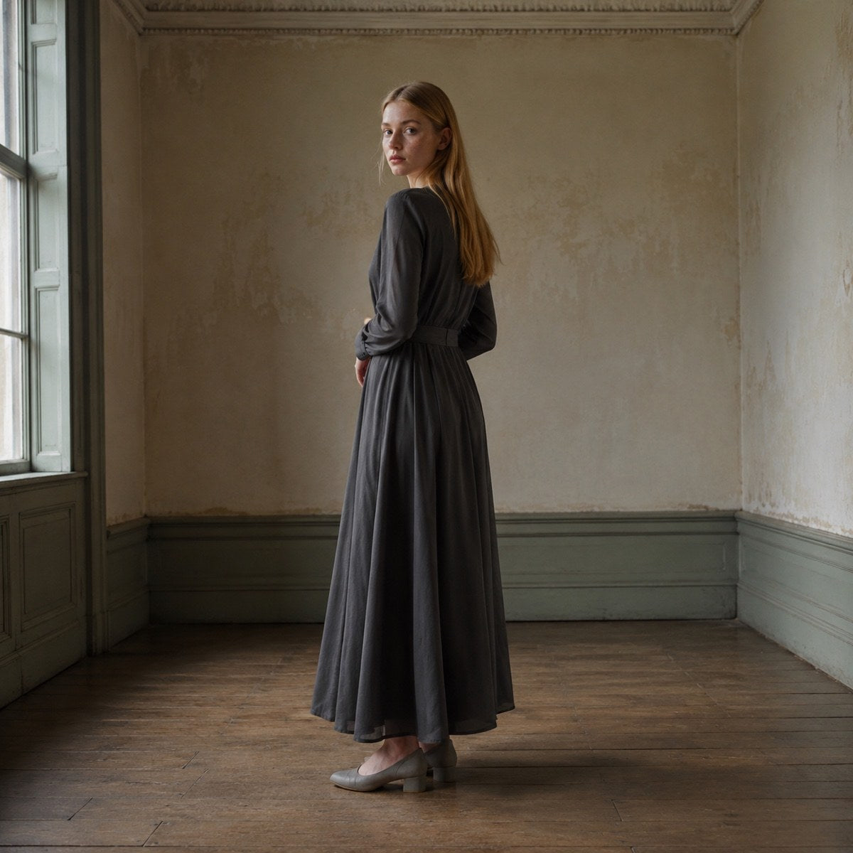 shown worn, from the side — Hazel Court collarless shirt dress, Shirt Dresses by ORASCI.