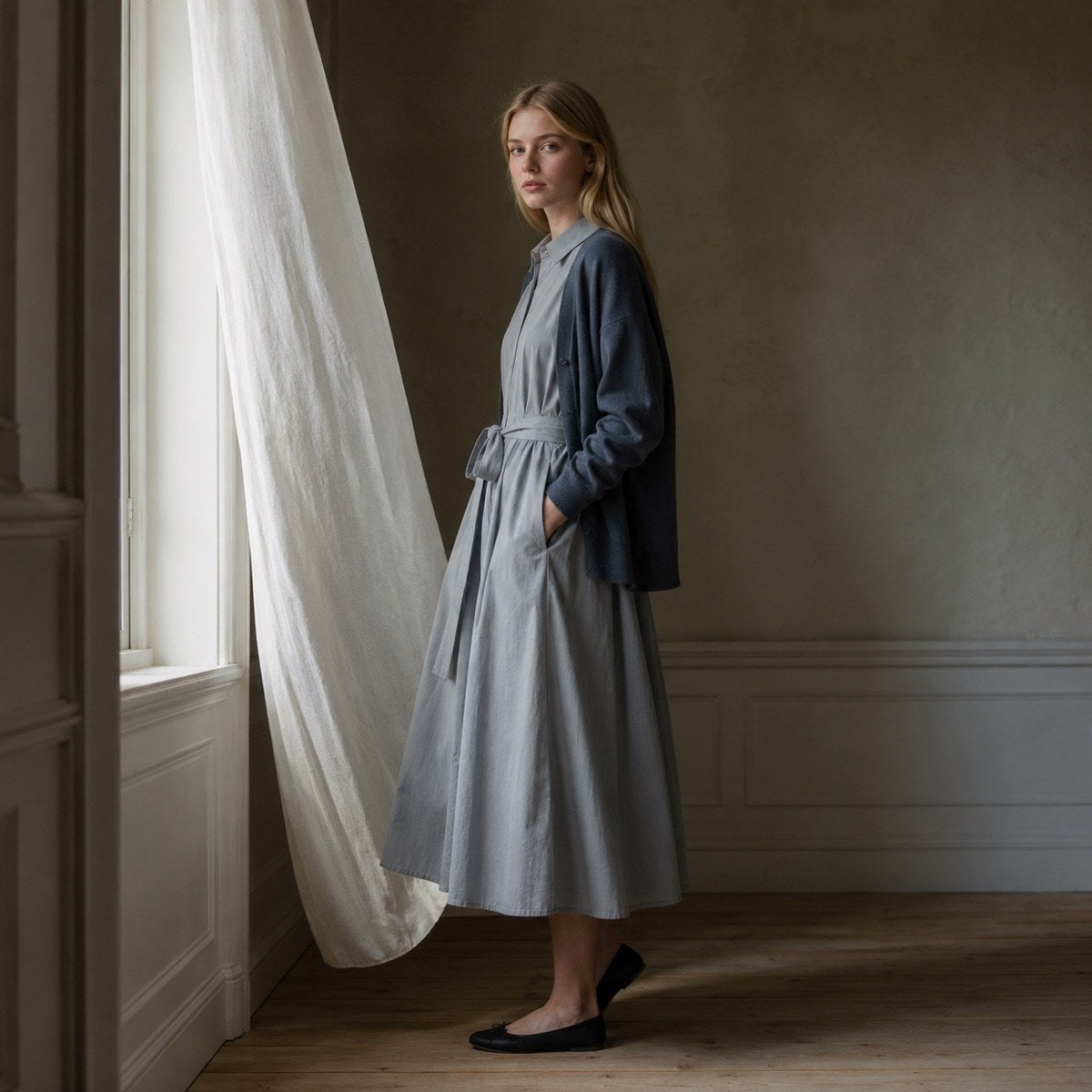shown worn, from the side — Orpington belted shirt dress, Shirt Dresses by ORASCI.