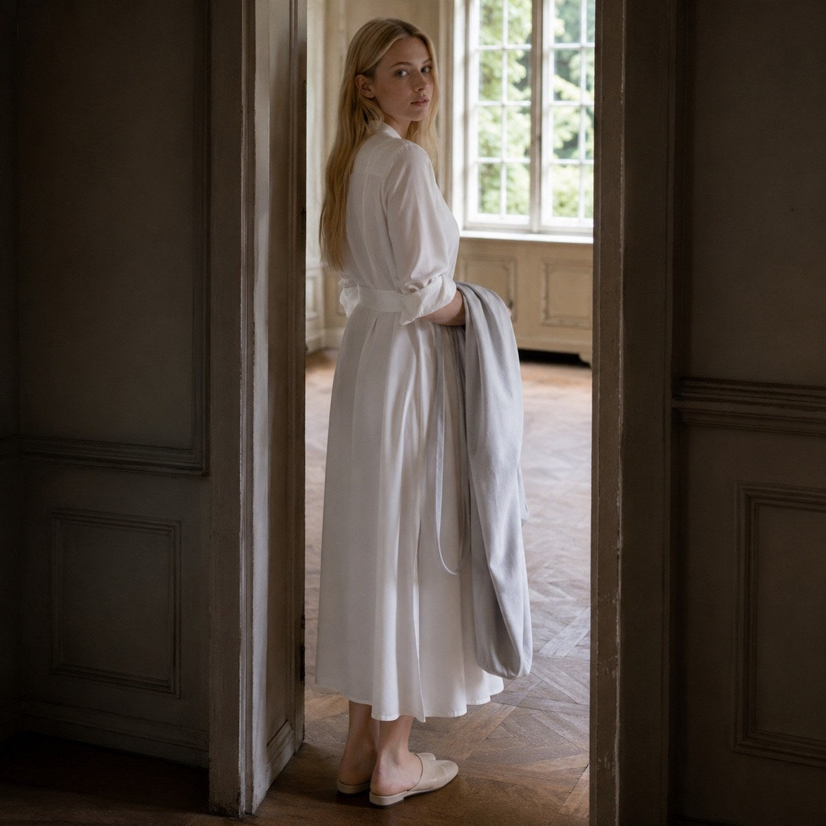 shown worn, from the side — Willow Reach belted shirt dress, Shirt Dresses by ORASCI.