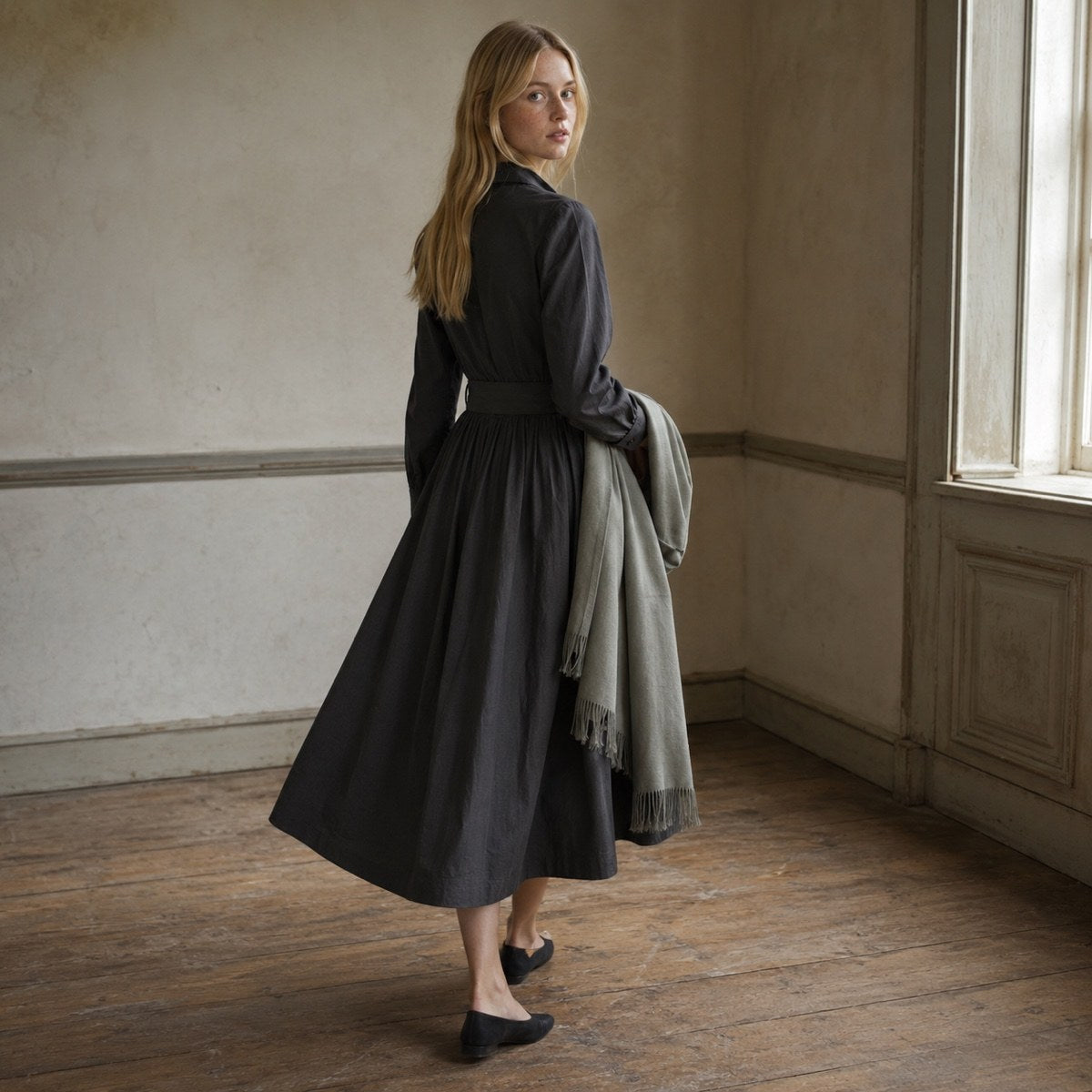 shown worn, from the side — Meadow Gate belted shirt dress, Shirt Dresses by ORASCI.