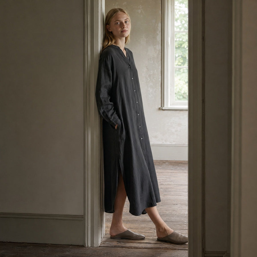 shown on the model — Cudham collarless shirt dress, Shirt Dresses by ORASCI.
