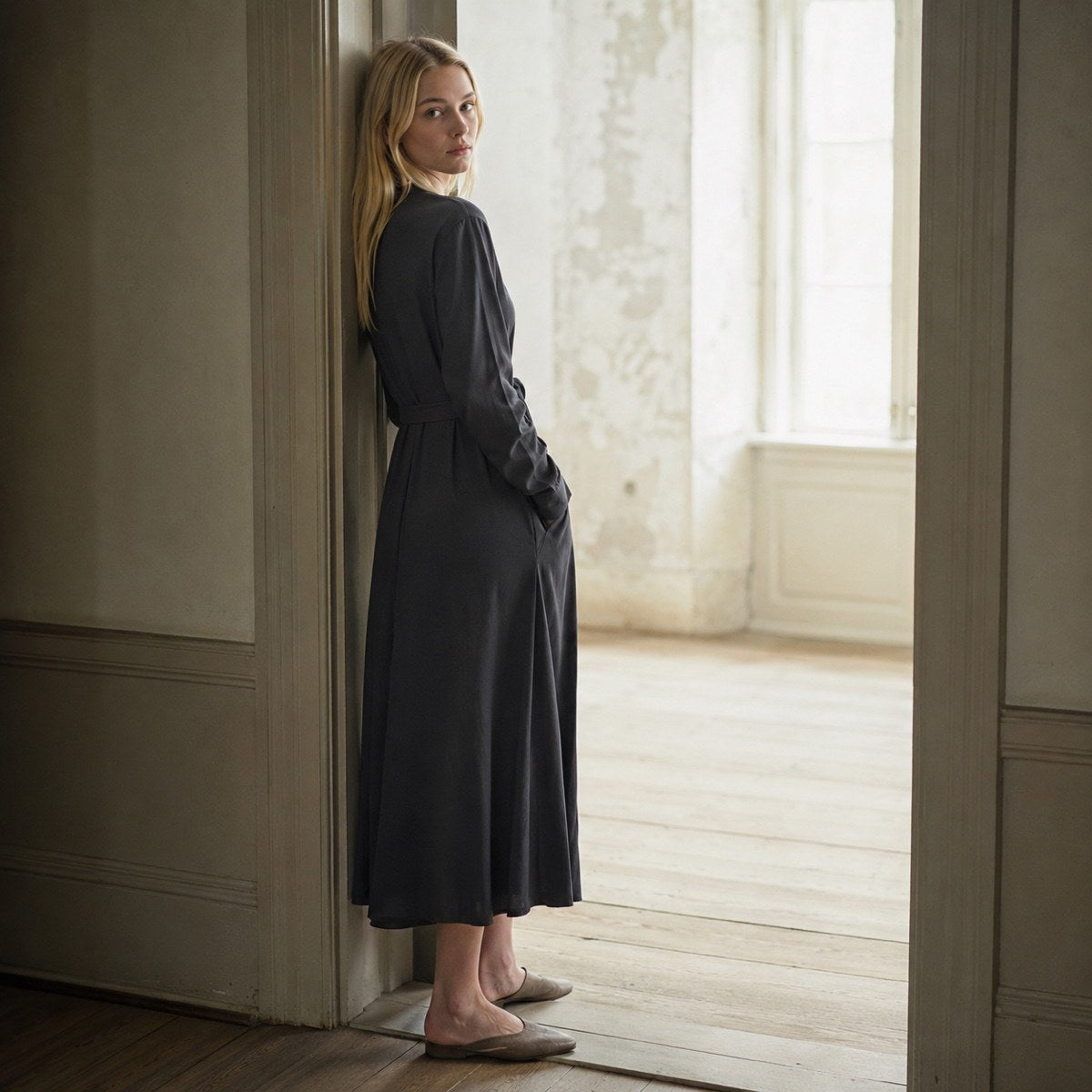 shown worn, from the side — Cudham collarless shirt dress, Shirt Dresses by ORASCI.