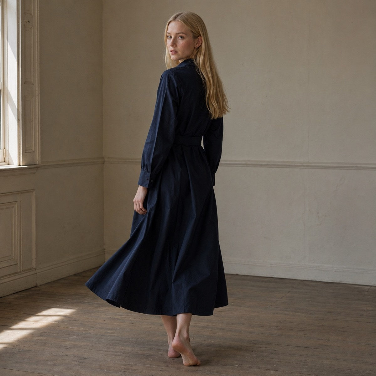 shown worn, from the side — Farnborough belted shirt dress, Shirt Dresses by ORASCI.