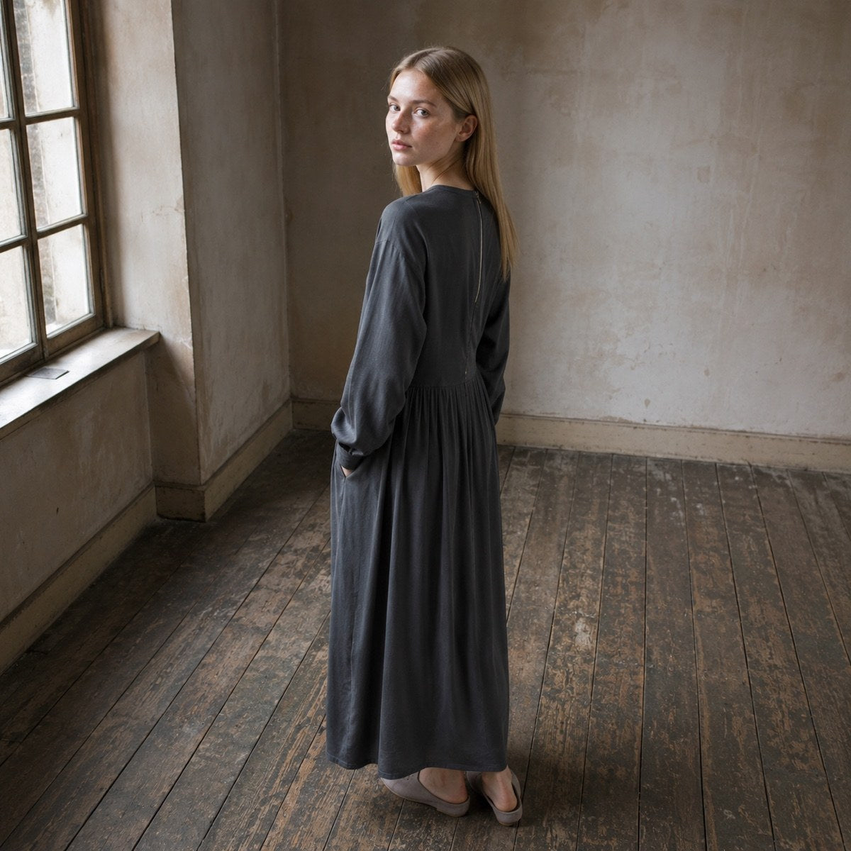 shown worn, from the side — Hayes Common collarless shirt dress, Shirt Dresses by ORASCI.