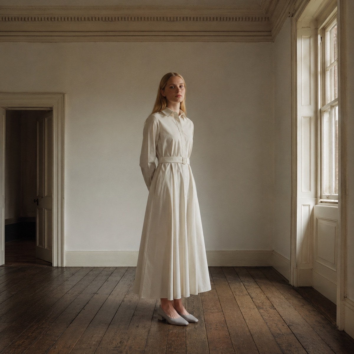 shown worn, from the side — Slate Hollow belted shirt dress, Shirt Dresses by ORASCI.