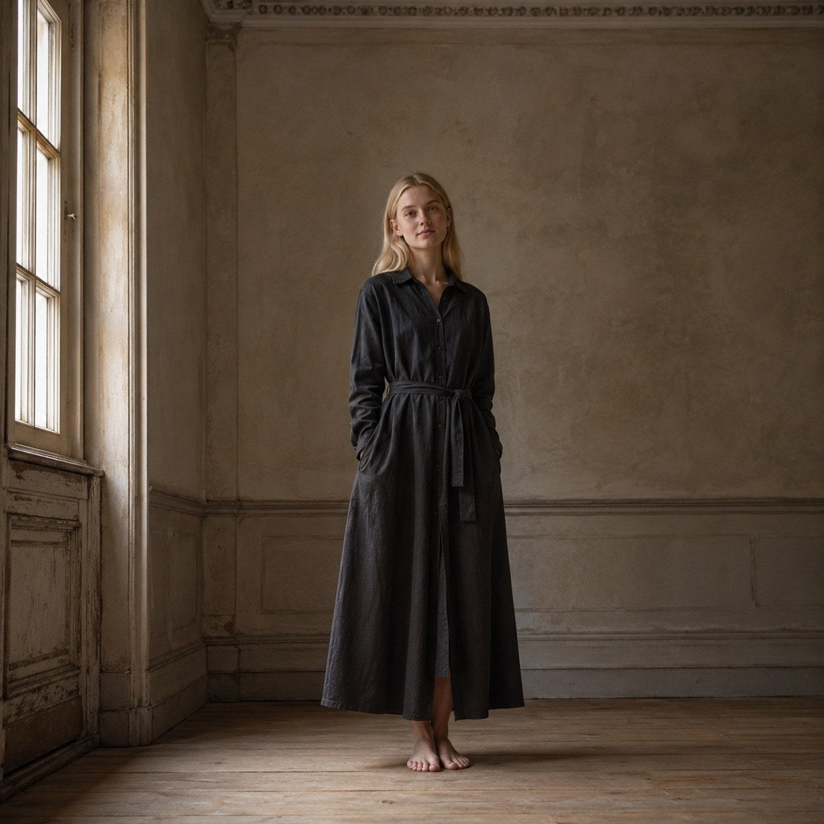 shown worn, from the side — Downe belted shirt dress, Shirt Dresses by ORASCI.