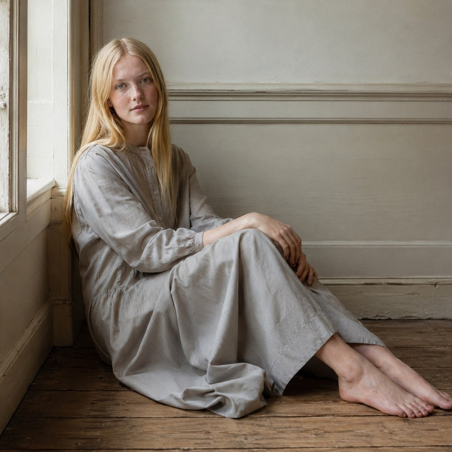 shown on the model — Shortlands collarless shirt dress, Shirt Dresses by ORASCI.