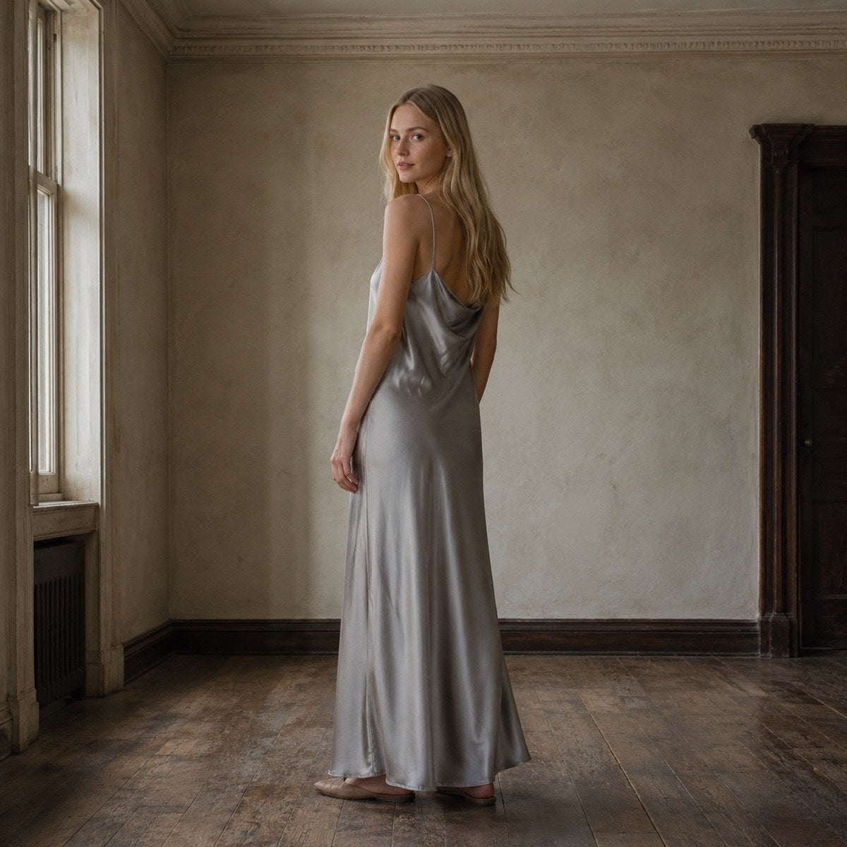 shown worn, from the side — Meadow Gate cowl-neck slip dress, Slip Maxi Dresses by ORASCI.