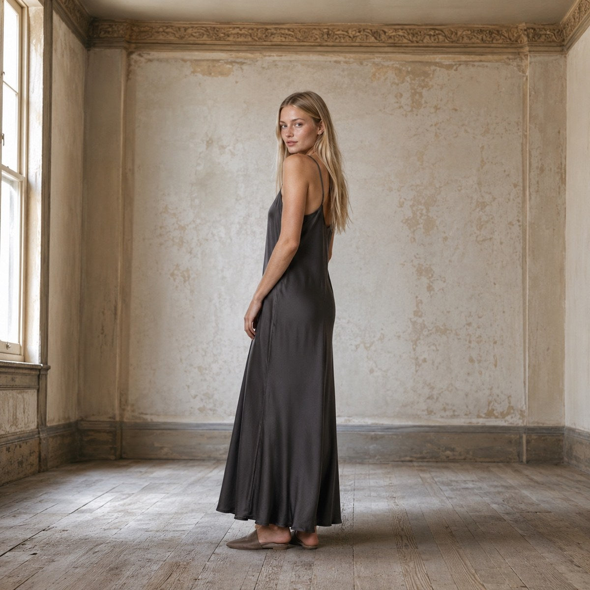 shown worn, from the side — Cudham bias-cut slip maxi dress, Slip Maxi Dresses by ORASCI.