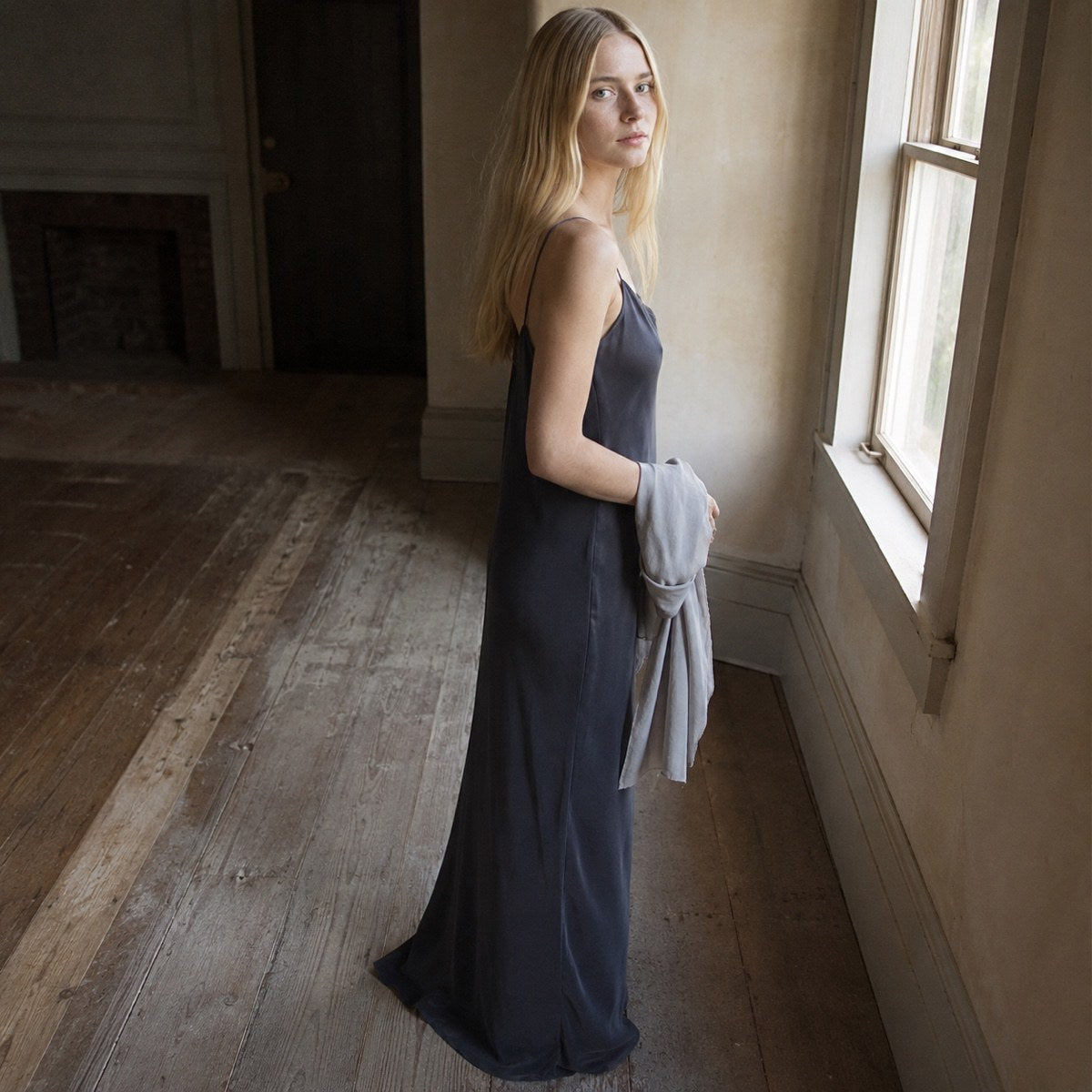 shown worn, from the side — Sorrel Field bias-cut slip maxi dress, Slip Maxi Dresses by ORASCI.
