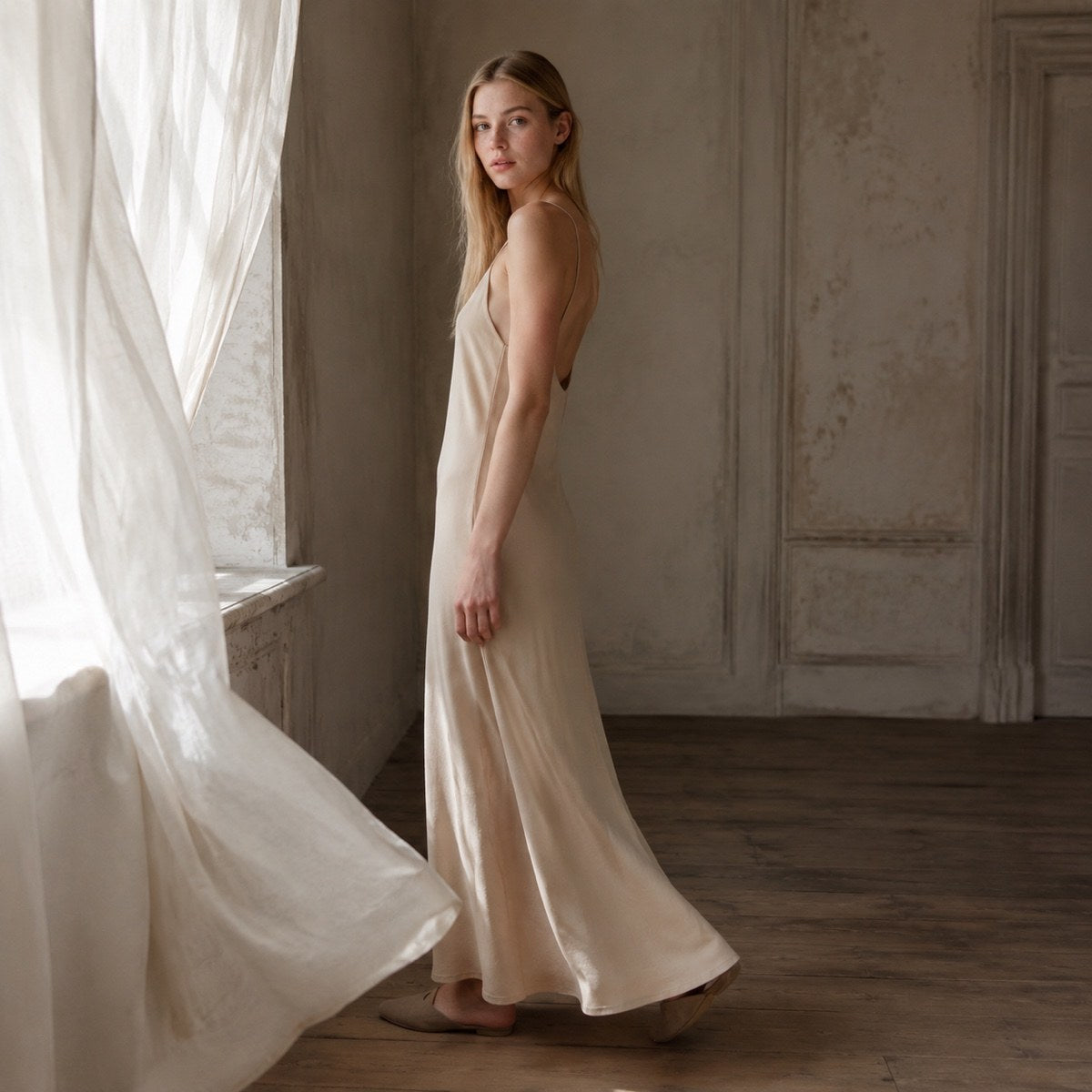 shown worn, from the side — Hayes Common bias-cut slip maxi dress, Slip Maxi Dresses by ORASCI.