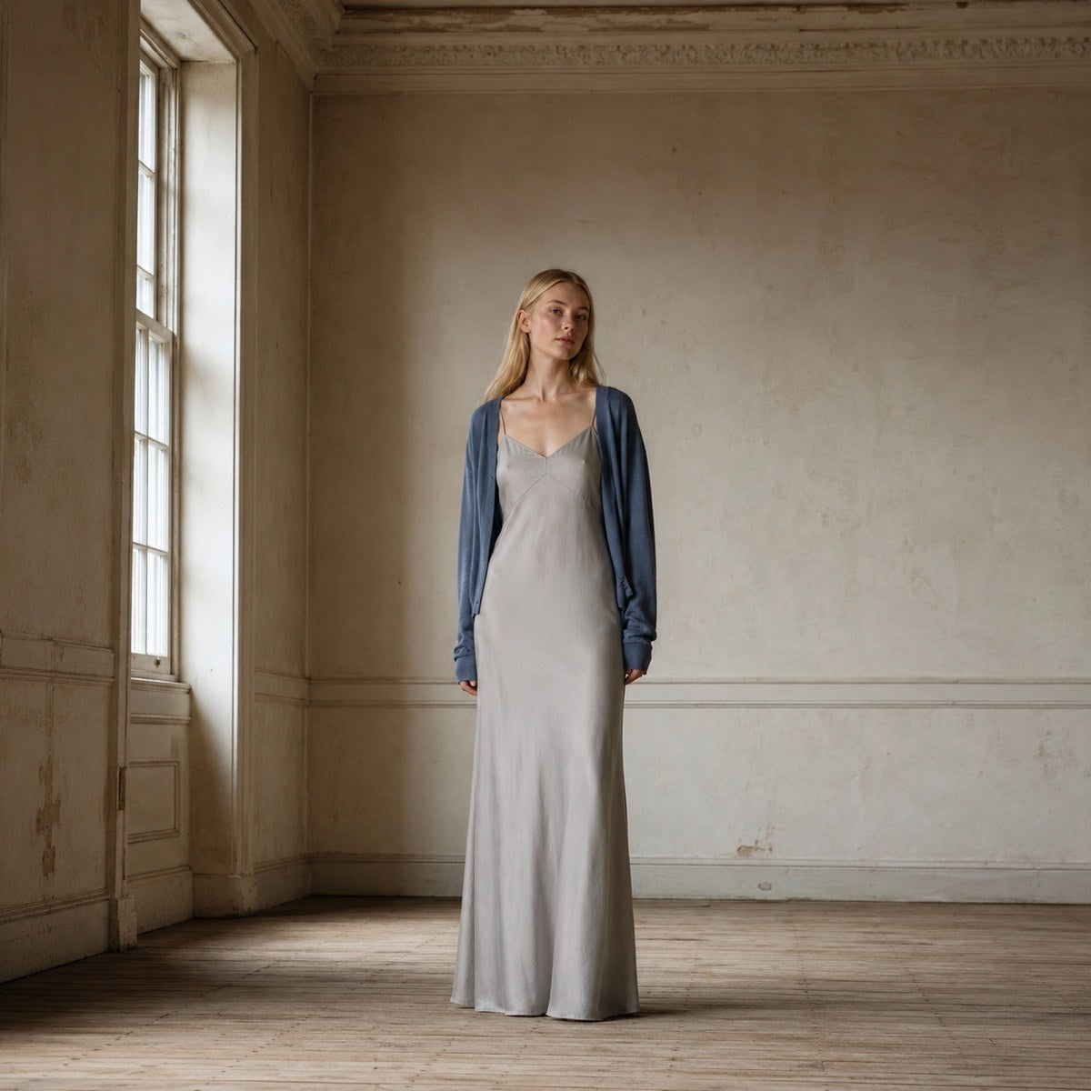 shown worn, from the side — Hazel Court bias-cut slip maxi dress, Slip Maxi Dresses by ORASCI.