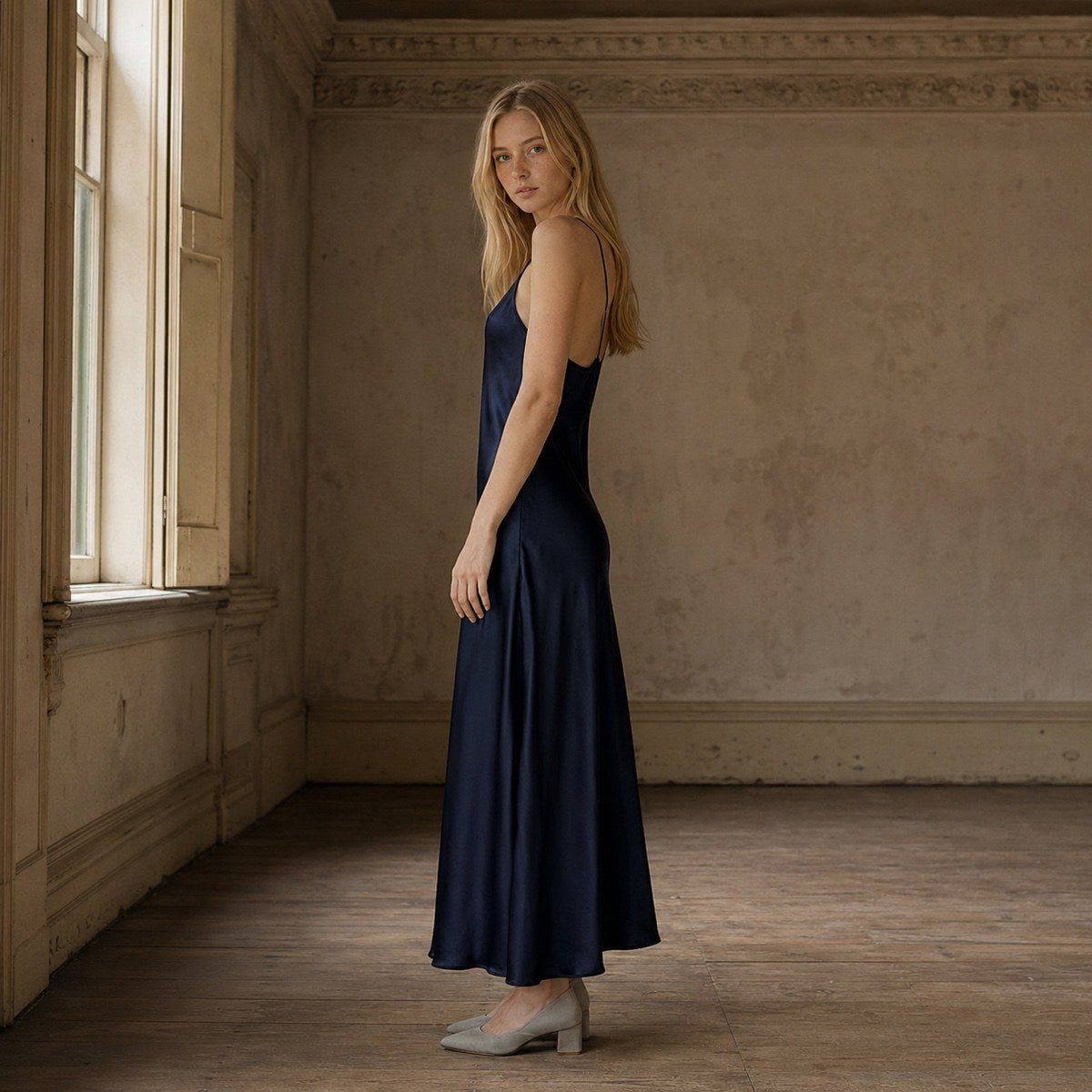 shown worn, from the side — Orpington bias-cut slip maxi dress, Slip Maxi Dresses by ORASCI.