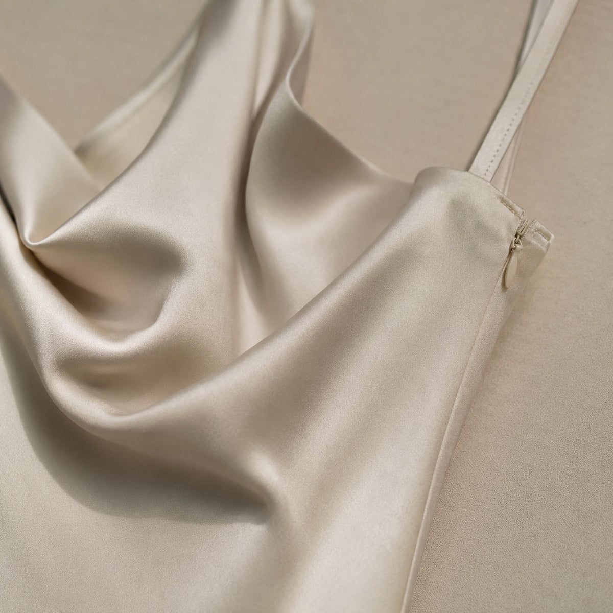 detail shot of the fabric — Ravensbourne cowl-neck slip dress, Slip Maxi Dresses by ORASCI.