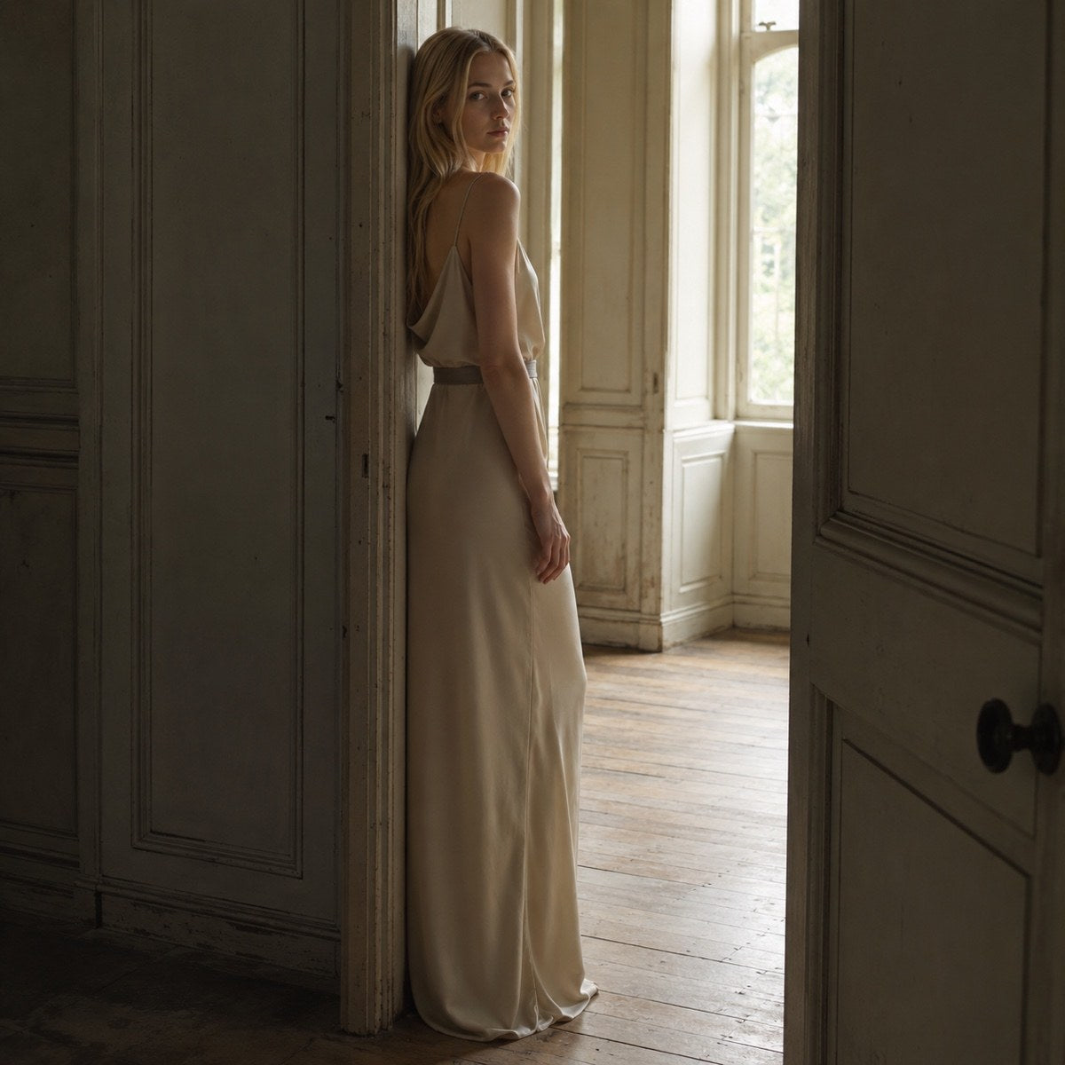 shown worn, from the side — Ravensbourne cowl-neck slip dress, Slip Maxi Dresses by ORASCI.