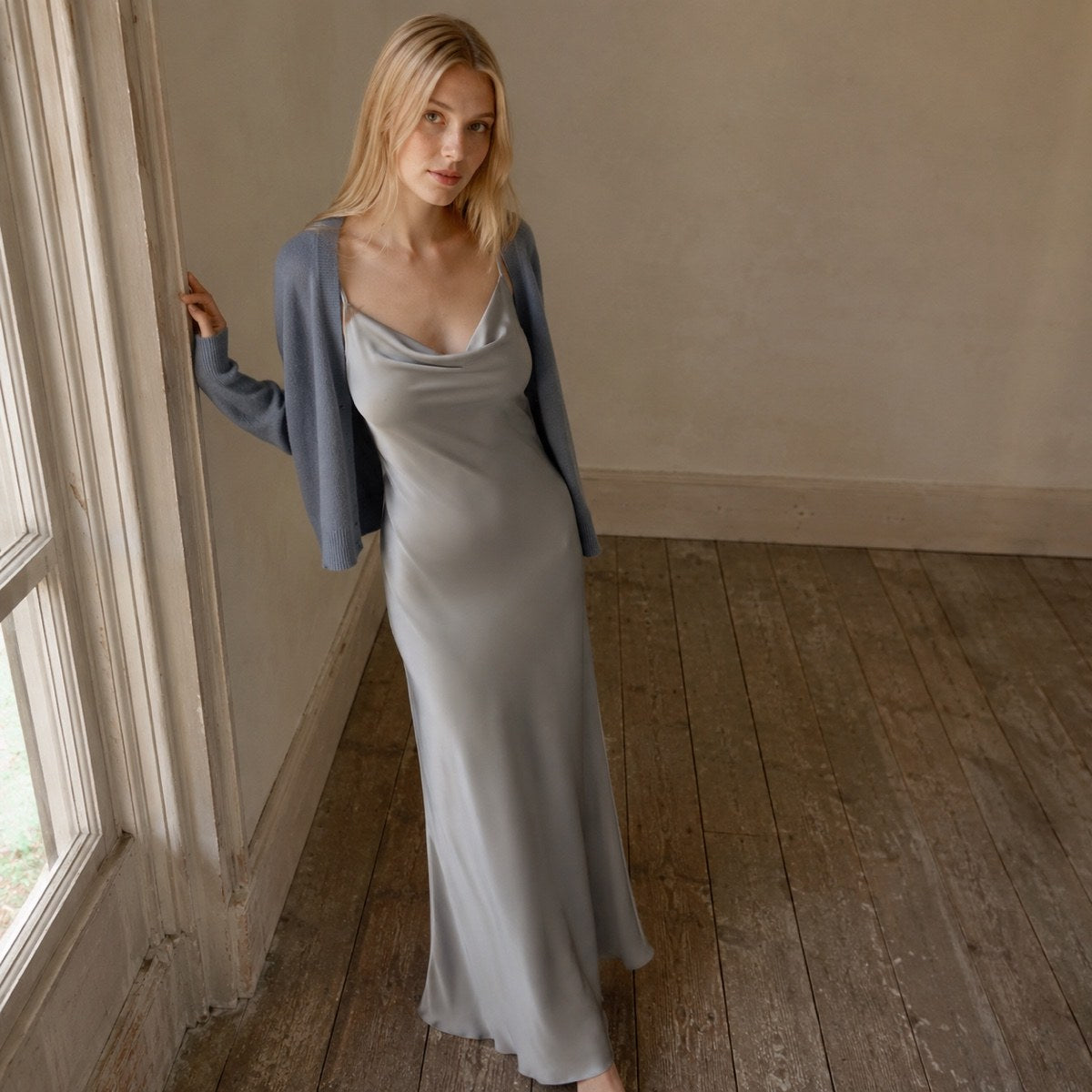 shown worn, from the side — Slate Hollow cowl-neck slip dress, Slip Maxi Dresses by ORASCI.