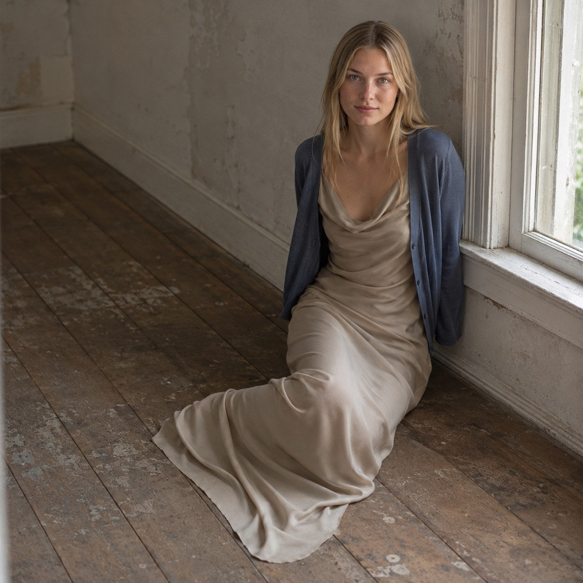 shown on the model — Willow Reach cowl-neck slip dress, Slip Maxi Dresses by ORASCI.