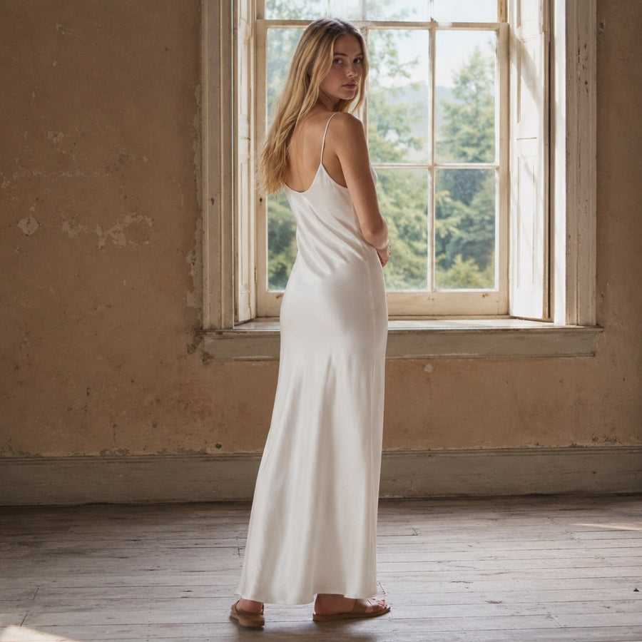 shown on the model — Farnborough bias-cut slip maxi dress, Slip Maxi Dresses by ORASCI.