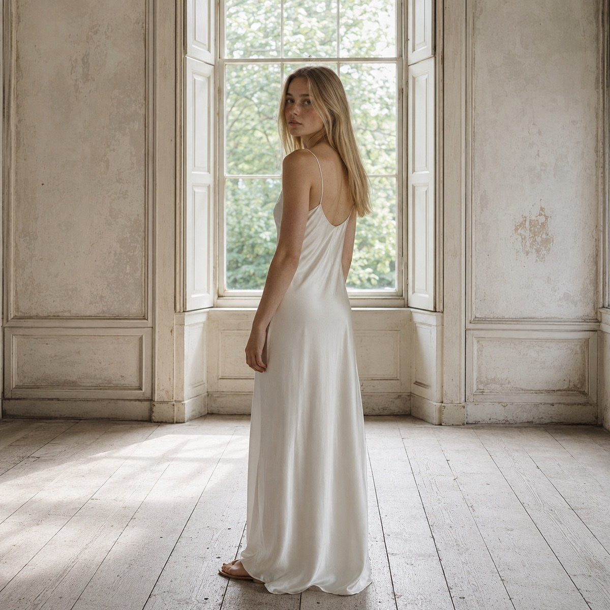 shown worn, from the side — Farnborough bias-cut slip maxi dress, Slip Maxi Dresses by ORASCI.
